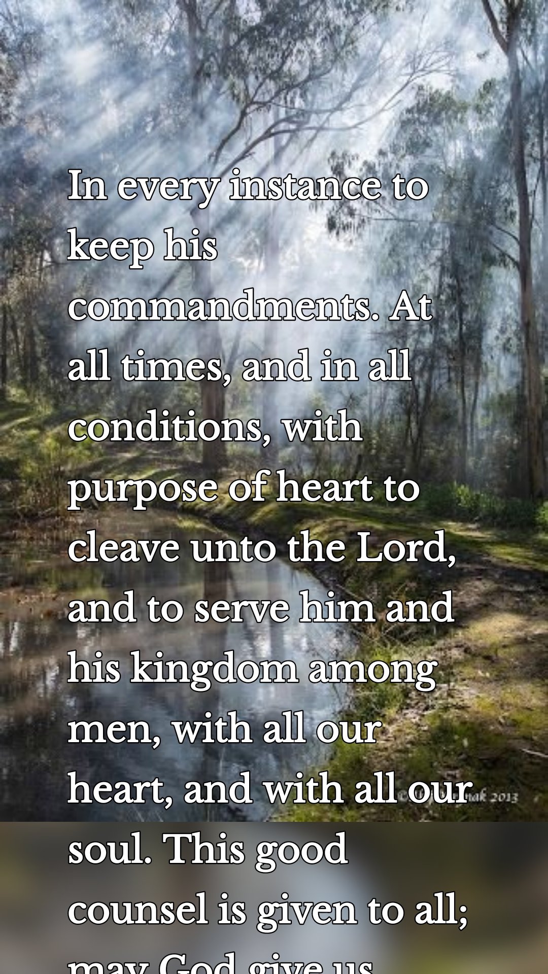 In every instance to keep his commandments. At all times, and in all conditions, with purpose of heart to cleave unto the Lord, and to serve him and his kingdom among men, with all our heart, and with all our soul. This good counsel is given to all; may God give us grace to take it